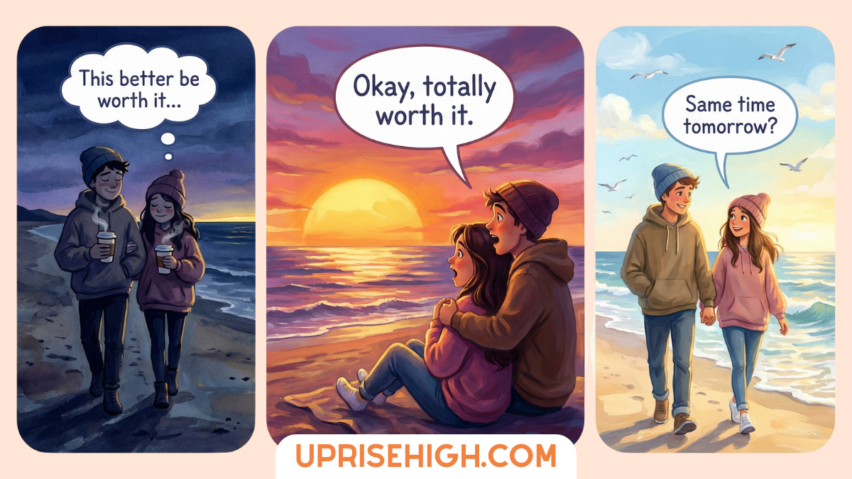 A three-panel comic of a couple's beach sunrise routine: in the first panel they wake up early in the dark thinking "This better be worth it," in the second they sit together watching a spectacular sunrise saying "Okay, totally worth it," and in the third they walk along the sunny beach planning to do it again tomorrow.