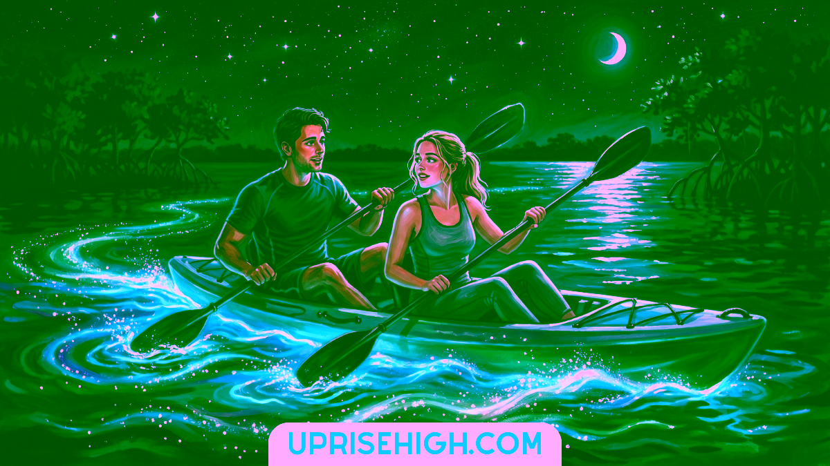 A couple kayaking together under a starlit night sky with a crescent moon, paddling through bioluminescent waters that glow with swirling blue-green light trails around their boat.