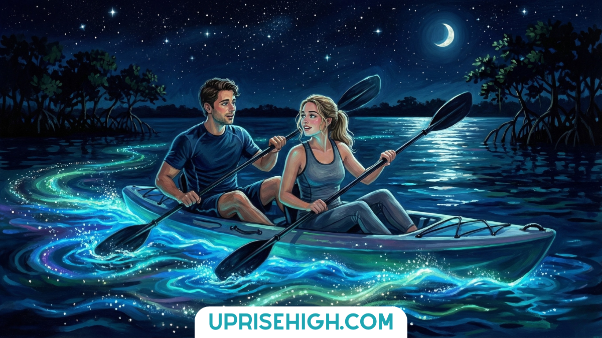 A couple kayaking together under a starlit night sky with a crescent moon, paddling through bioluminescent waters that glow with swirling blue-green light trails around their boat.