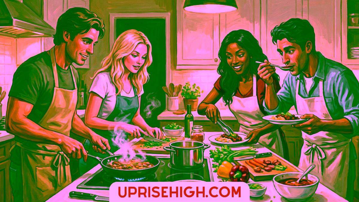 Stop Doing Dinner Double Dates! Do These Instead 6 Two couples cooking together in a home kitchen, with one couple sautéing vegetables in a pan while the other couple plates and tastes the finished meal, surrounded by fresh ingredients on the counter.