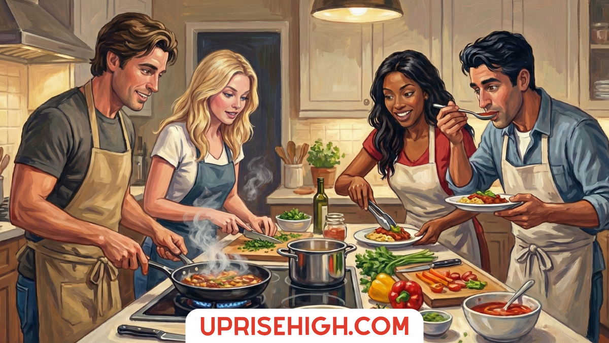Stop Doing Dinner Double Dates! Do These Instead 6 Two couples cooking together in a home kitchen, with one couple sautéing vegetables in a pan while the other couple plates and tastes the finished meal, surrounded by fresh ingredients on the counter.