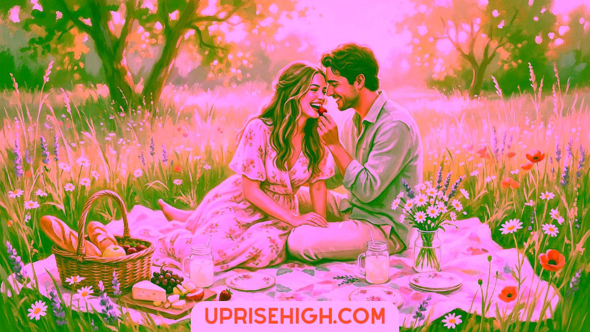 A couple sharing a romantic picnic in a sunlit wildflower meadow, laughing together as he feeds her a strawberry, surrounded by daisies, poppies, and lavender, with a basket of bread, cheese, and lemonade on a floral blanket.