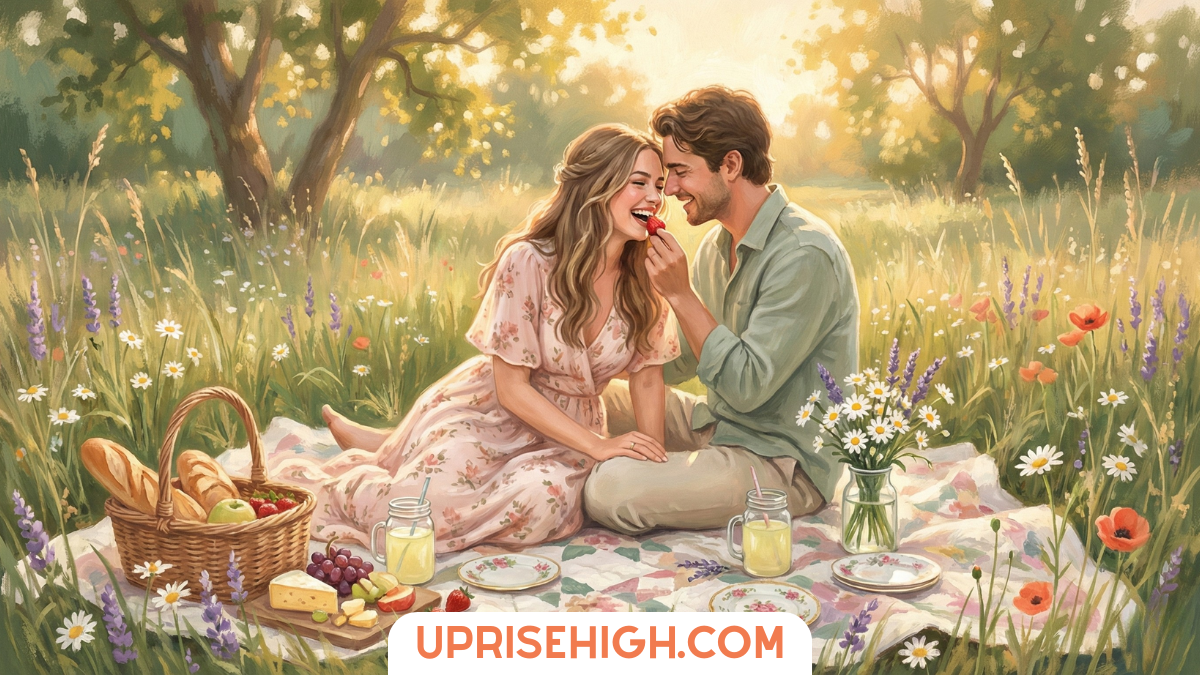 A couple sharing a romantic picnic in a sunlit wildflower meadow, laughing together as he feeds her a strawberry, surrounded by daisies, poppies, and lavender, with a basket of bread, cheese, and lemonade on a floral blanket.