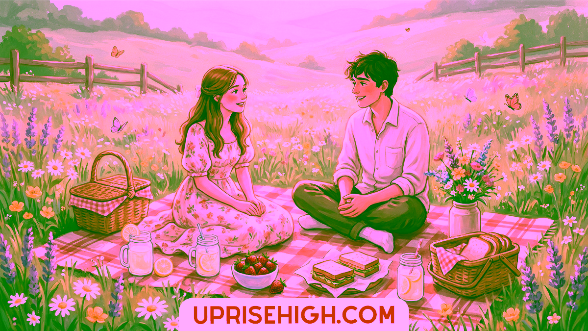 17 Introvert-Friendly Date Ideas for Teens (Low-Key & Fun) 3 A couple enjoying a romantic picnic on a checkered blanket in a wildflower meadow, with rolling hills in the background, surrounded by daisies and butterflies, sharing lemonade, strawberries, and sandwiches from a wicker basket.
