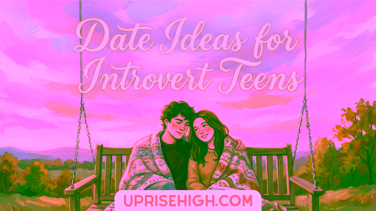 Painted illustration of two teenagers cuddled under a blanket on a porch swing at sunset with autumn scenery, with "Date Ideas for Introvert Teens" in cream script lettering and "UPRISEHIGH.COM" at the bottom.