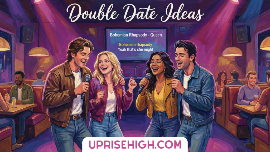 Stop Doing Dinner Double Dates! Do These Instead 8 Two couples singing karaoke together at a bar, holding microphones and laughing while "Bohemian Rhapsody" by Queen plays on the screen behind them, with other patrons visible in the purple-lit venue.