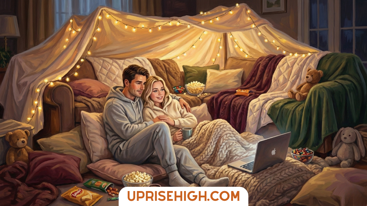 A couple cuddling in cozy pajamas inside a blanket fort decorated with string lights, watching a laptop together while surrounded by pillows, snacks, popcorn, and stuffed animals in their living room.