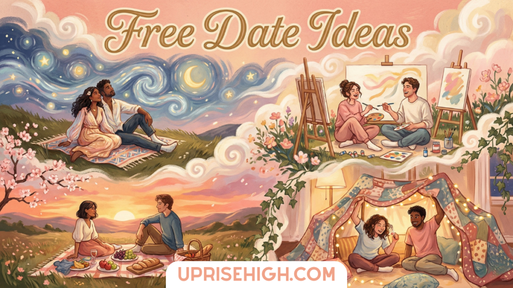 17 Free Date Ideas Better Than Anything You've Paid For 7 A whimsical collage illustrating free date ideas: a couple stargazing under a Van Gogh-style swirling night sky, two people painting together on canvases surrounded by flowers, a romantic sunset picnic with wine and food on a blanket in a meadow, and a cozy indoor blanket fort decorated with string lights and quilts.