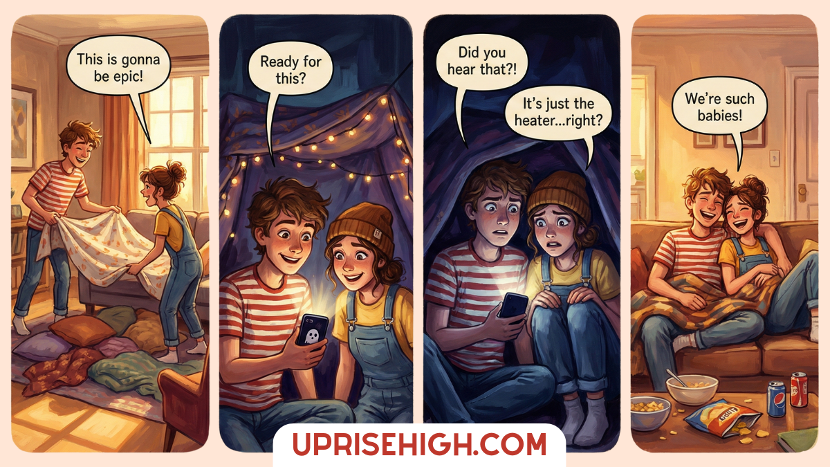 A four-panel comic showing a couple building a blanket fort: they excitedly declare it will be "epic" while constructing it with string lights, enter the completed fort asking "Ready for this?", get startled by a mysterious sound that turns out to be just the heater, then laugh together inside surrounded by snacks calling themselves "such babies."