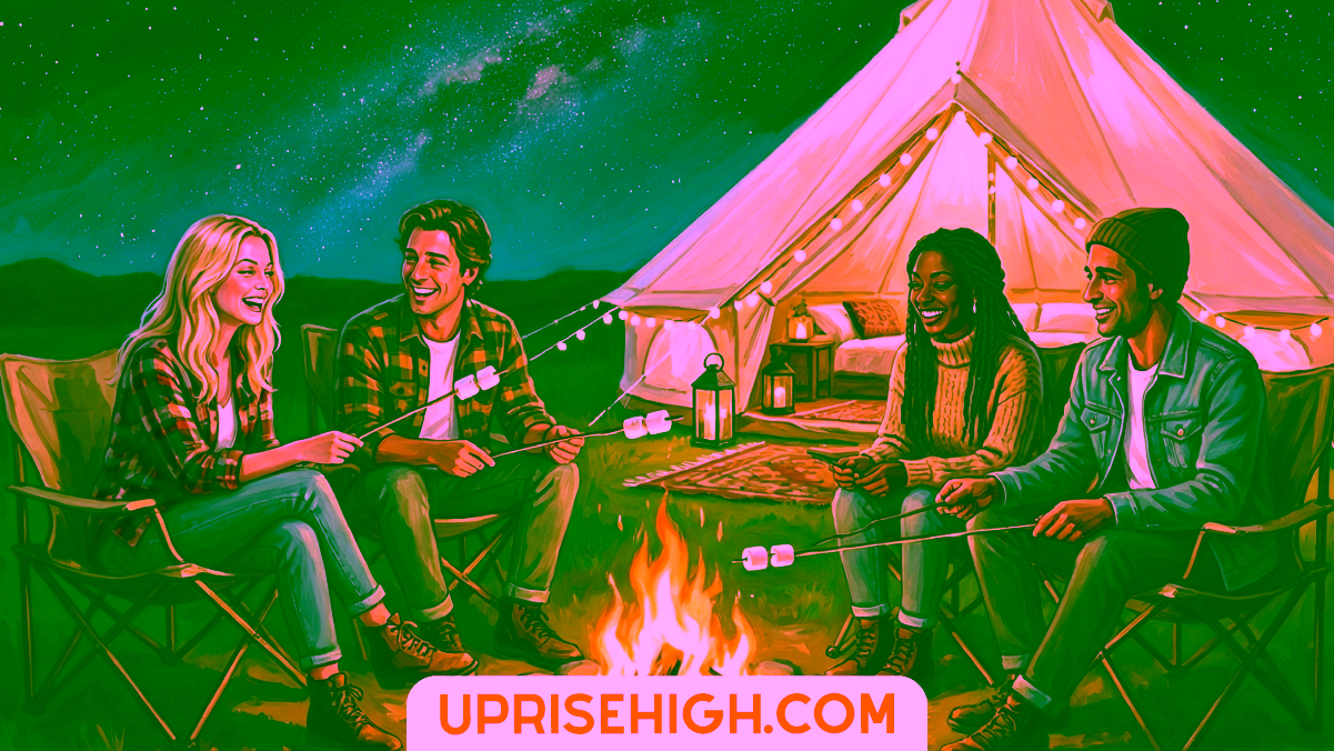 Stop Doing Dinner Double Dates! Do These Instead 2 Two couples gathered around a campfire roasting marshmallows under a starry night sky, with an illuminated glamping tent decorated with string lights in the background.