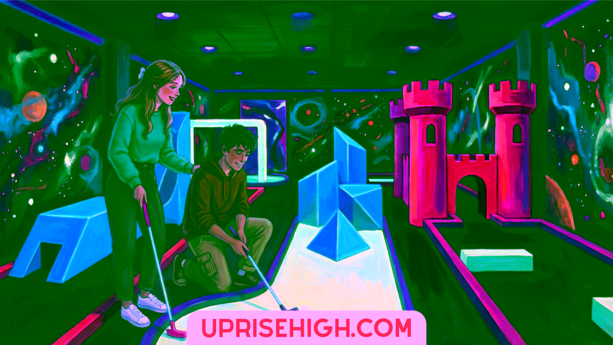 17 Introvert-Friendly Date Ideas for Teens (Low-Key & Fun) 5 Teen couple playing miniature golf in a vibrant neon-lit indoor course with glowing geometric obstacles, including pink castle towers and blue pyramids, surrounded by colorful cosmic-themed murals.