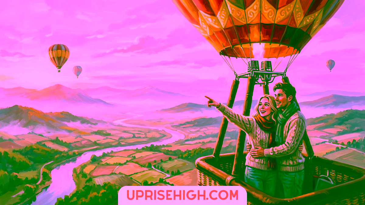 A couple embracing in a hot air balloon basket during sunrise, pointing at the scenic landscape below with misty mountains, winding rivers, patchwork fields, and other colorful balloons floating in the distance under a pink and golden sky.