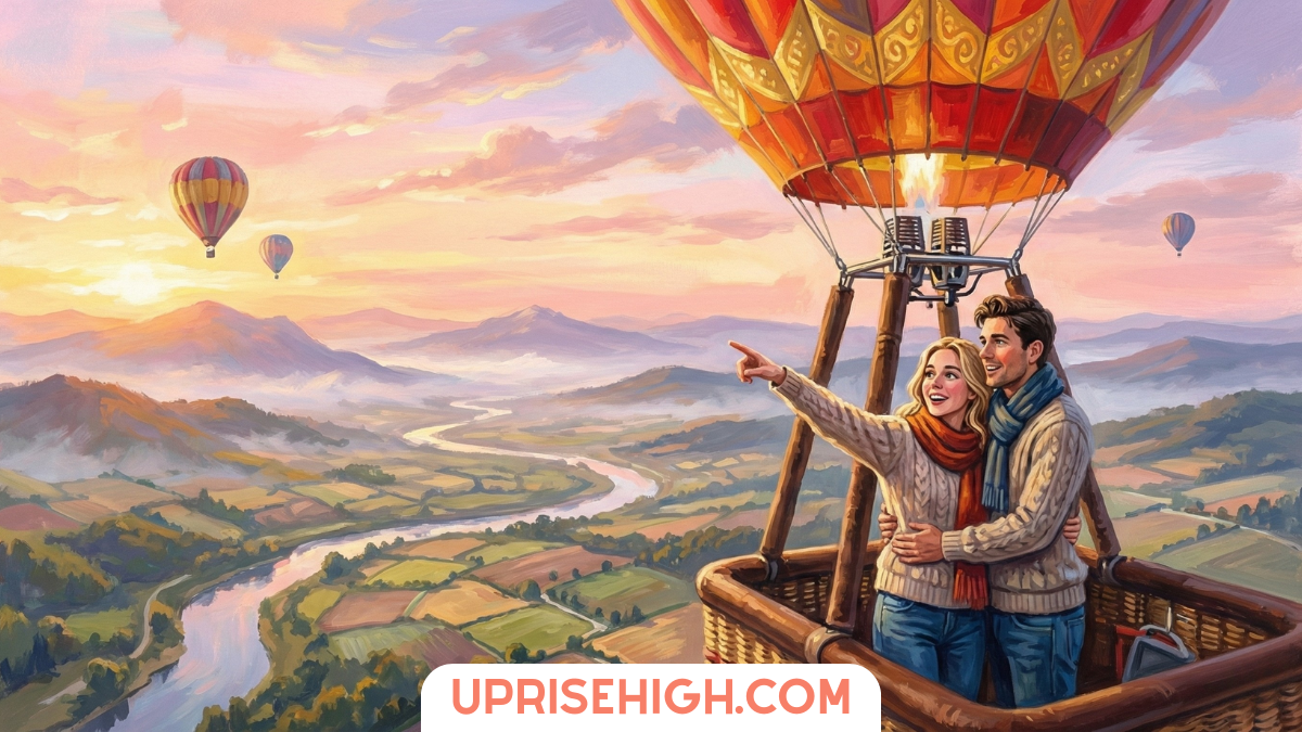 A couple embracing in a hot air balloon basket during sunrise, pointing at the scenic landscape below with misty mountains, winding rivers, patchwork fields, and other colorful balloons floating in the distance under a pink and golden sky.