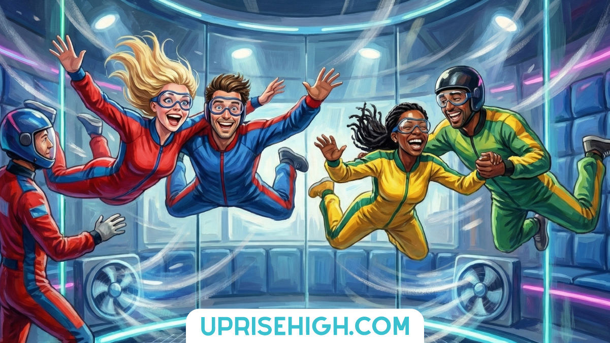 Stop Doing Dinner Double Dates! Do These Instead 4 A group of excited people floating and laughing in an indoor skydiving wind tunnel facility, wearing colorful jumpsuits and safety goggles while experiencing simulated freefall.