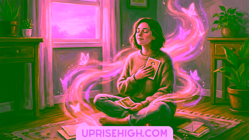 Soft, glowing illustration of a woman sitting peacefully with old photographs as healing energy and butterflies swirl around her, symbolizing emotional release and inner healing.