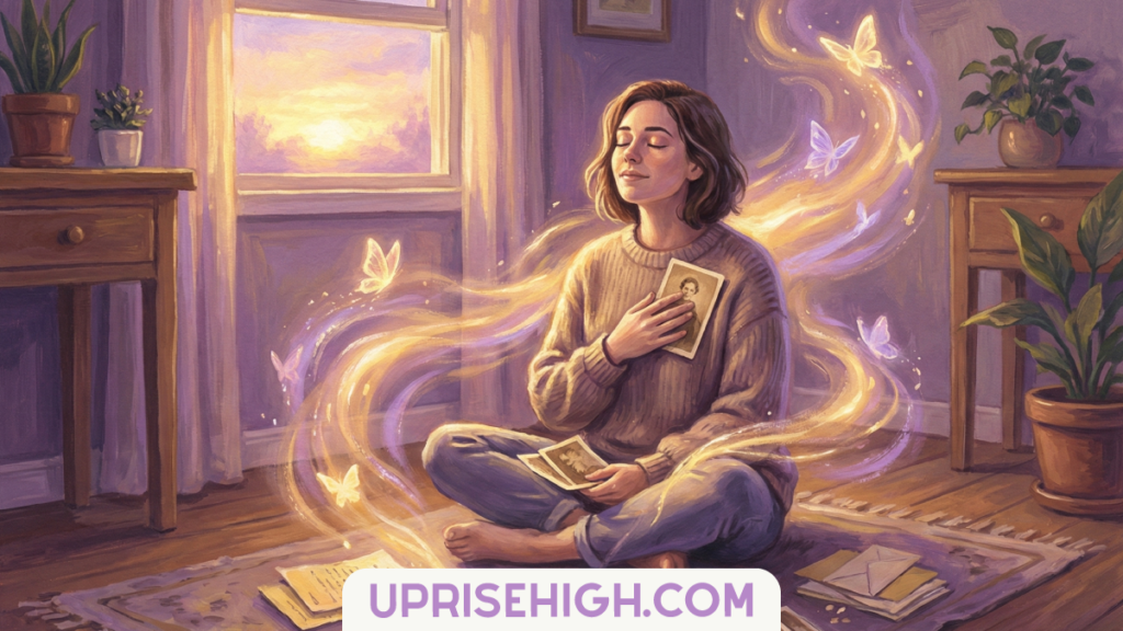 Soft, glowing illustration of a woman sitting peacefully with old photographs as healing energy and butterflies swirl around her, symbolizing emotional release and inner healing.