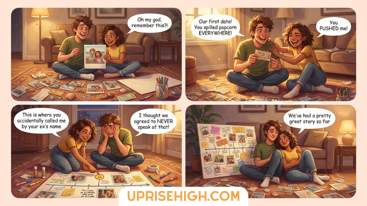 A four-panel comic showing a couple creating a scrapbook of their relationship memories: they excitedly look at old photos including their first date where popcorn was spilled everywhere, laugh about accidentally calling each other by ex's names, reference an embarrassing moment they agreed never to speak of again, and finally admire their completed memory board together saying "We've had a pretty great story so far."