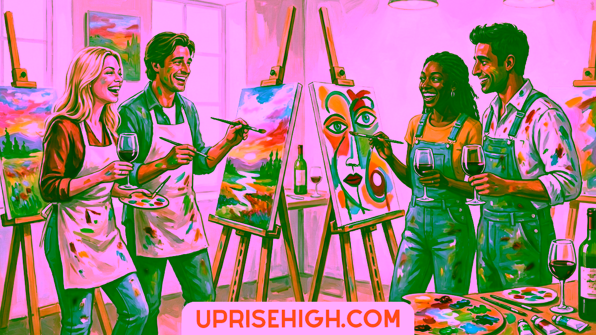 Stop Doing Dinner Double Dates! Do These Instead 3 Two couples enjoying a paint and sip class in an art studio, laughing while creating colorful paintings on easels and holding wine glasses in a bright, creative space.