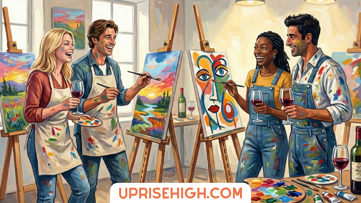 Stop Doing Dinner Double Dates! Do These Instead 3 Two couples enjoying a paint and sip class in an art studio, laughing while creating colorful paintings on easels and holding wine glasses in a bright, creative space.