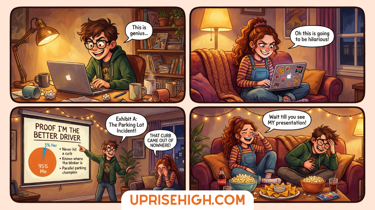A four-panel comic showing a couple creating humorous presentations: one person works at a desk saying "This is genius," another on a couch anticipating it will be "hilarious," followed by a presentation slide titled "PROOF I'M THE BETTER DRIVER" with a pie chart showing 95% superiority, and finally both laughing together on the couch with snacks while taking turns presenting their playful arguments.