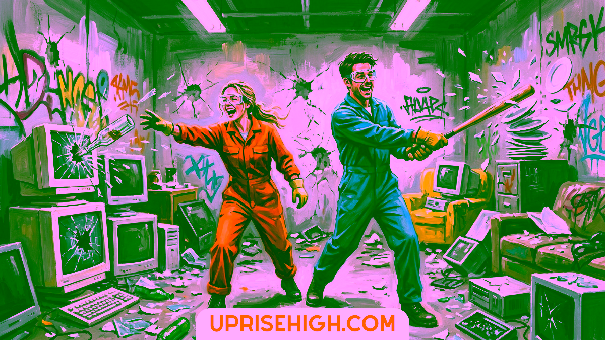 A couple in bright orange and blue jumpsuits wearing safety goggles and gloves, joyfully smashing old computer monitors and electronics with baseball bats in a graffiti-covered rage room filled with destroyed vintage technology.
