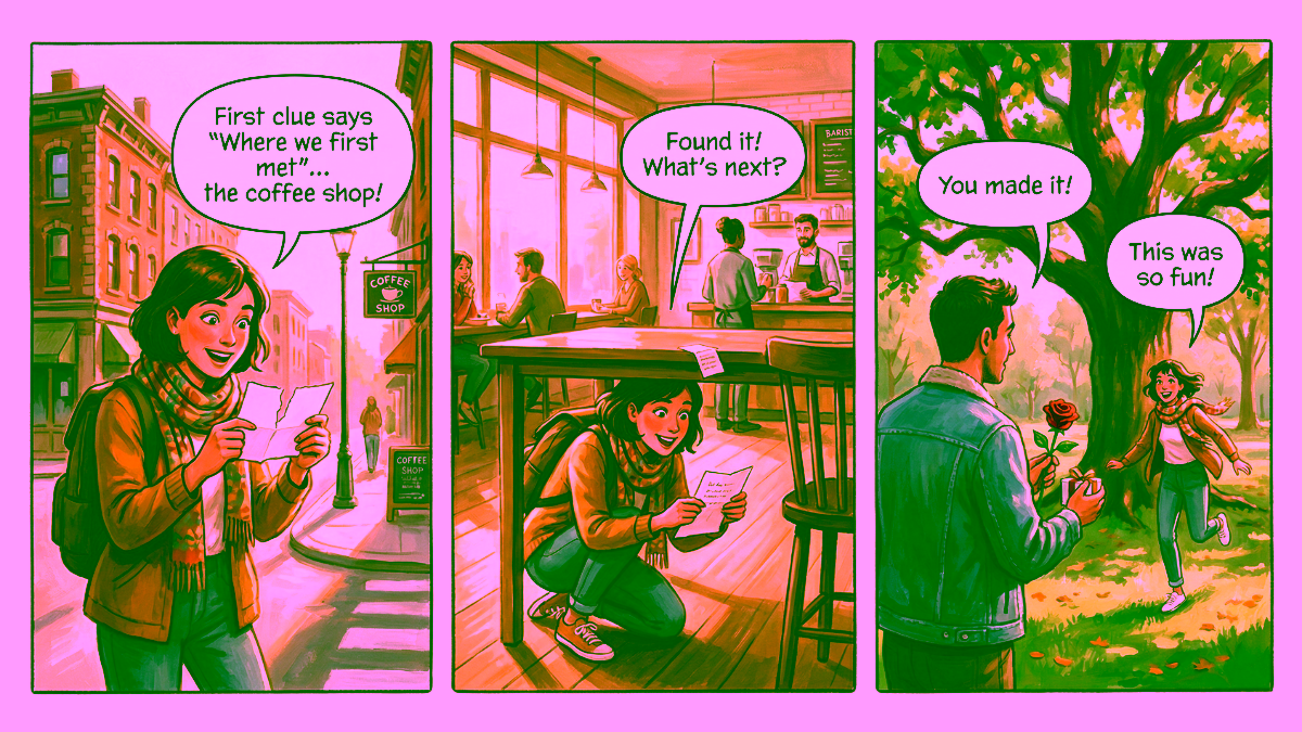 A three-panel comic showing a couple on a scavenger hunt date: first finding a clue that leads them to "where we first met" at a coffee shop, then discovering the next clue hidden under a table asking "what's next?", and finally reaching a park where one partner surprises the other with a rose under a tree, both celebrating completing the adventure.