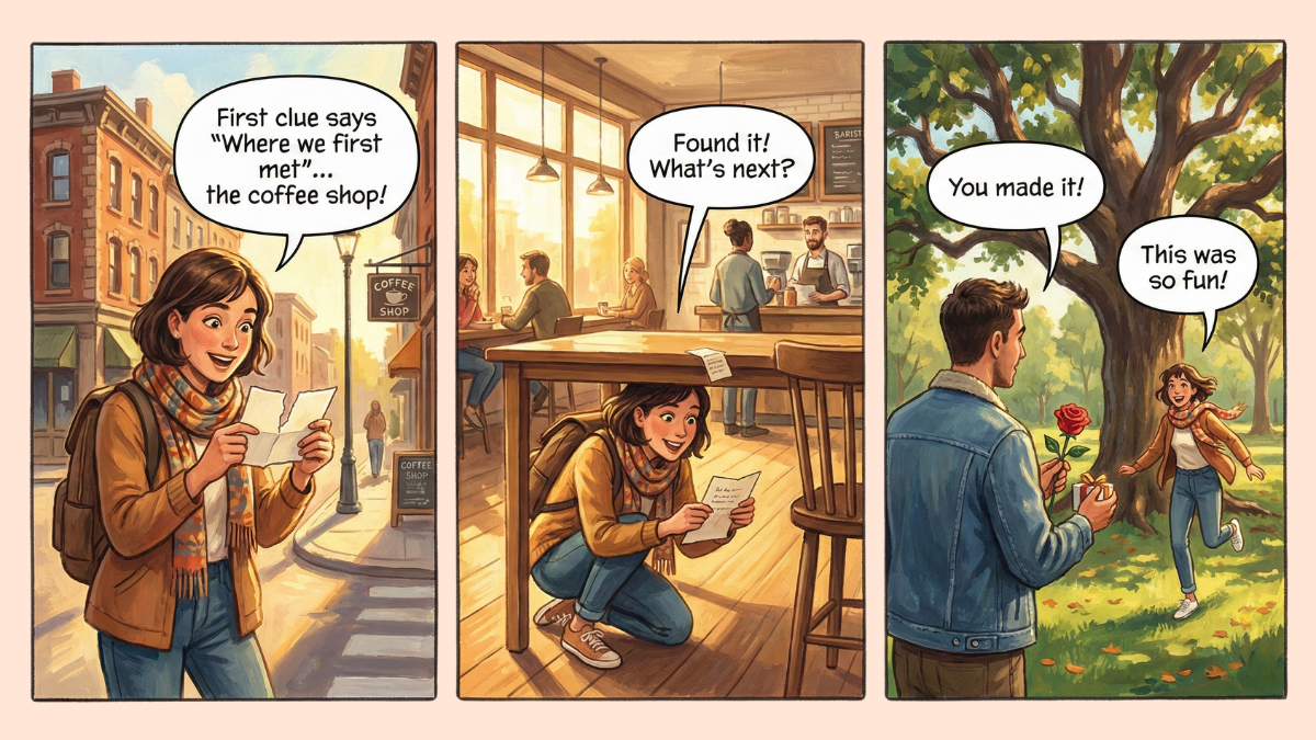 A three-panel comic showing a couple on a scavenger hunt date: first finding a clue that leads them to "where we first met" at a coffee shop, then discovering the next clue hidden under a table asking "what's next?", and finally reaching a park where one partner surprises the other with a rose under a tree, both celebrating completing the adventure.