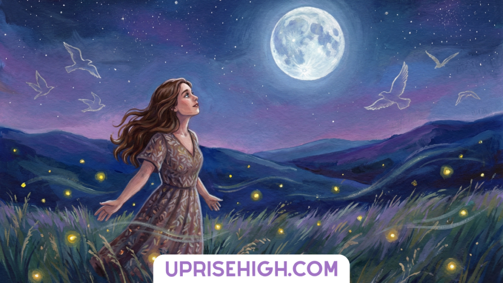 Enchanting night-sky illustration of a woman gazing at a glowing full moon amid fireflies and rolling hills, symbolizing spiritual awakening and intuitive guidance.
