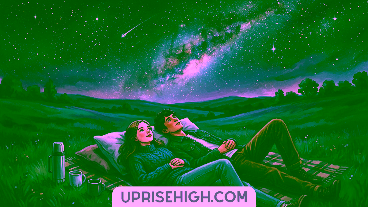 17 Introvert-Friendly Date Ideas for Teens (Low-Key & Fun) 6 Romantic illustration of a couple lying on blankets stargazing under the Milky Way with a shooting star, surrounded by rolling hills at twilight, with a thermos and mugs nearby, and "UPRISEHIGH.COM" displayed at the bottom.