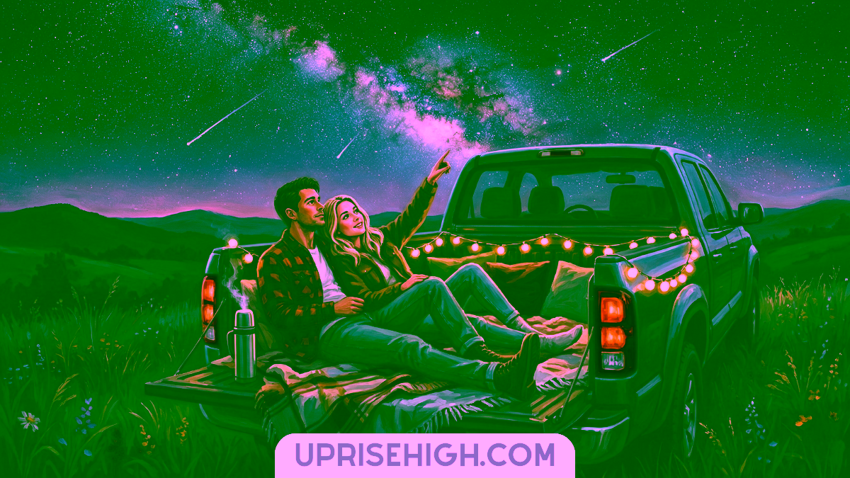 A couple cuddling in the bed of a pickup truck decorated with string lights, stargazing at the Milky Way and meteor shower above rolling hills, with blankets, pillows, and a thermos creating a cozy atmosphere at dusk.