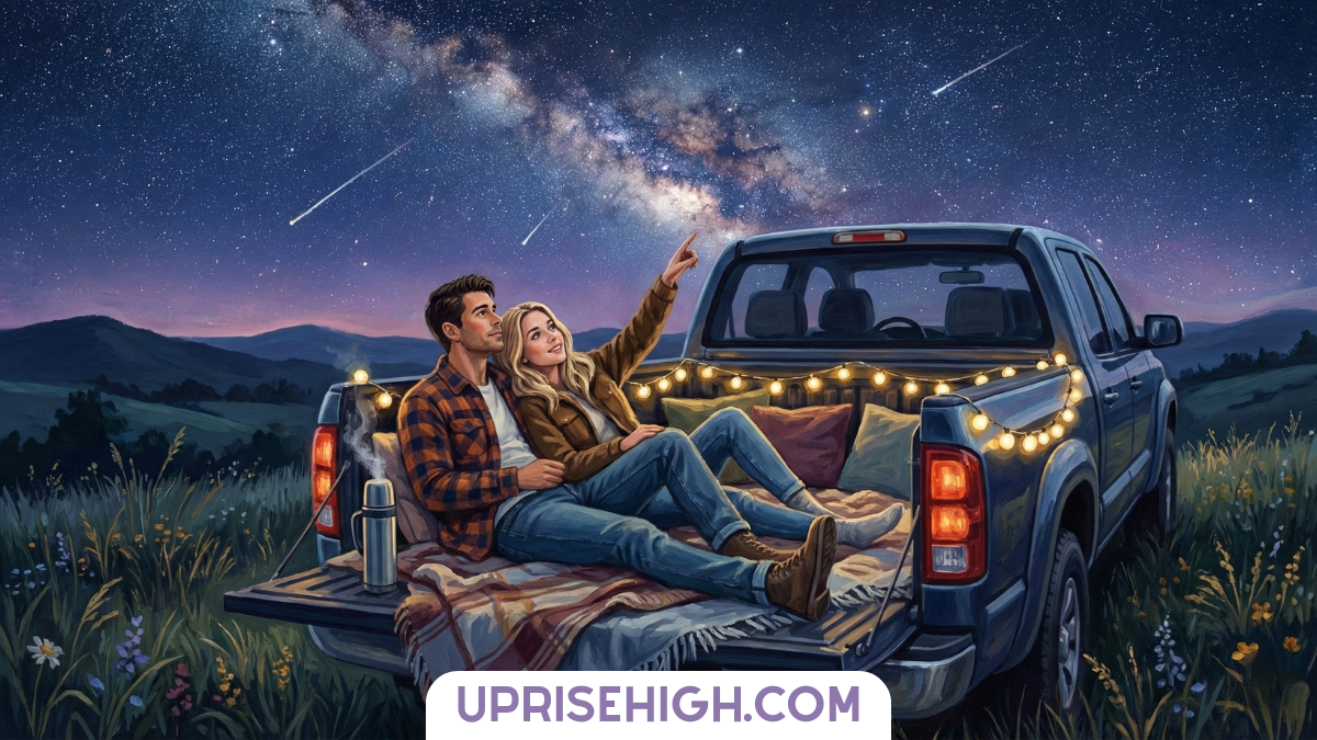 A couple cuddling in the bed of a pickup truck decorated with string lights, stargazing at the Milky Way and meteor shower above rolling hills, with blankets, pillows, and a thermos creating a cozy atmosphere at dusk.