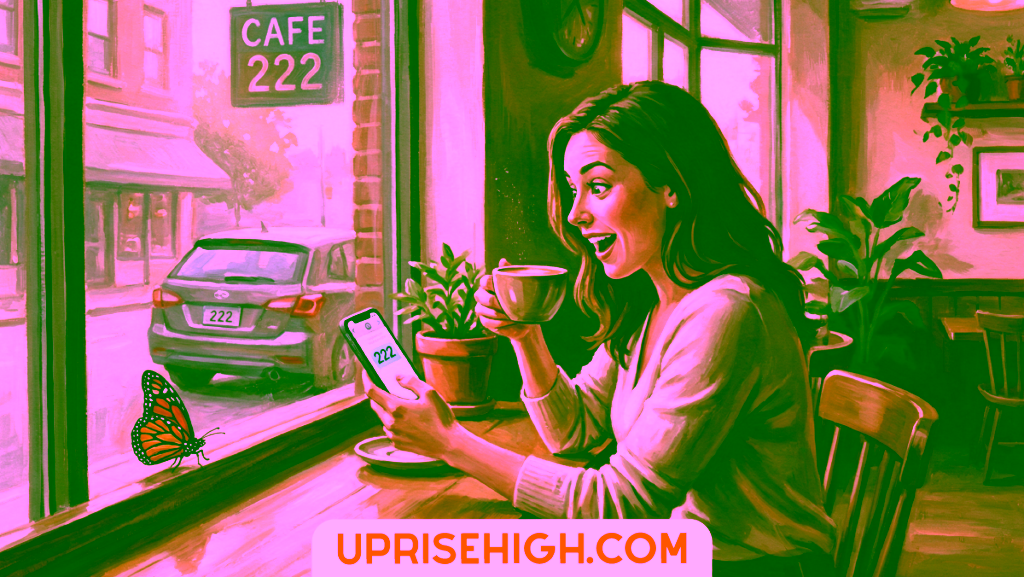 Warm café illustration of a woman excitedly noticing repeating 222 synchronicities on her phone, a car, and a sign, symbolizing spiritual alignment and meaningful signs.