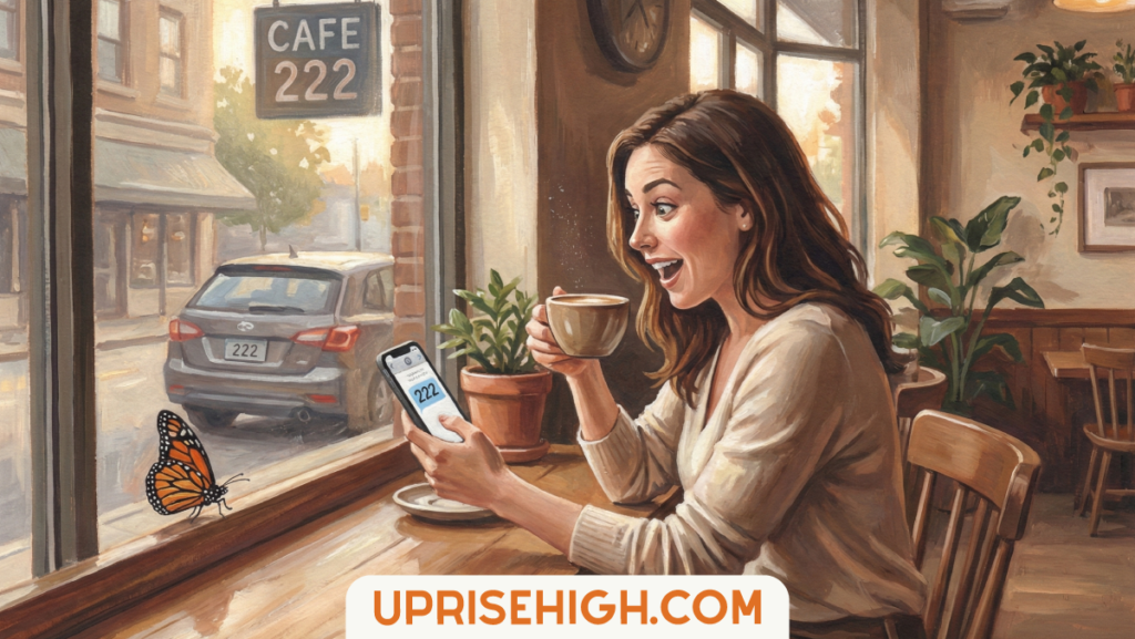Warm café illustration of a woman excitedly noticing repeating 222 synchronicities on her phone, a car, and a sign, symbolizing spiritual alignment and meaningful signs.