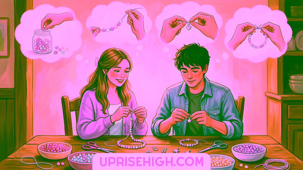 17 Introvert-Friendly Date Ideas for Teens (Low-Key & Fun) 4 Teen couple sit at a table making beaded jewelry together, with thought bubbles above showing the creative process of selecting beads, stringing them, adding charms, and completing bracelets.