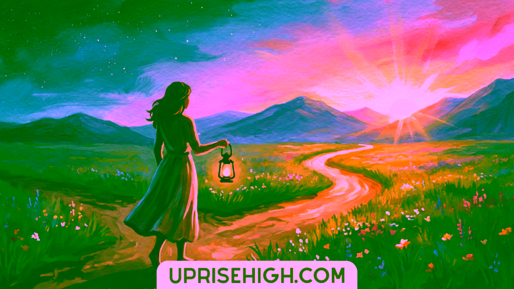 Painting of a woman carrying a lantern while walking a winding sunrise path through wildflowers, representing purpose, clarity, and inner guidance