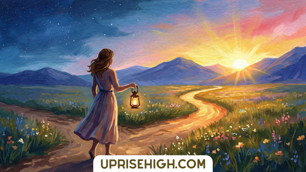 Painting of a woman carrying a lantern while walking a winding sunrise path through wildflowers, representing purpose, clarity, and inner guidance