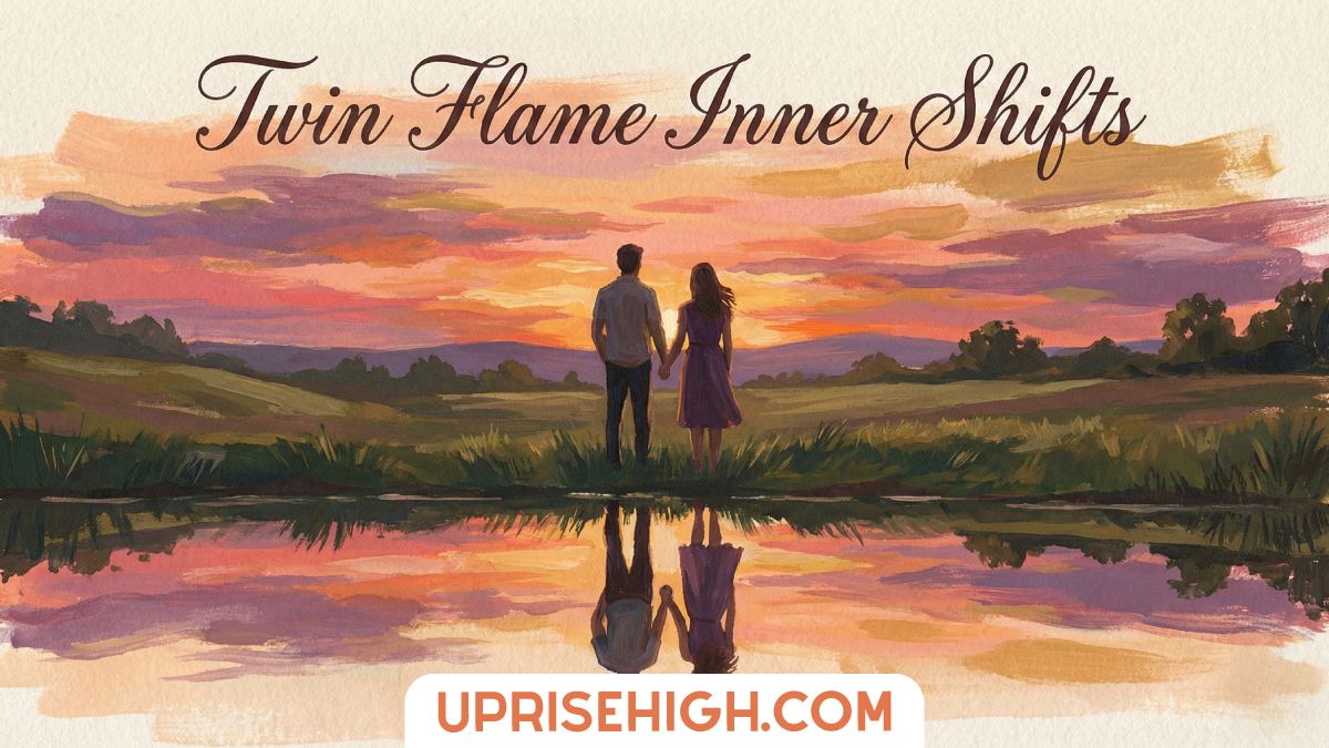 Romantic sunset illustration of a couple holding hands by a reflective lake, symbolizing twin flame inner shifts and spiritual connection.