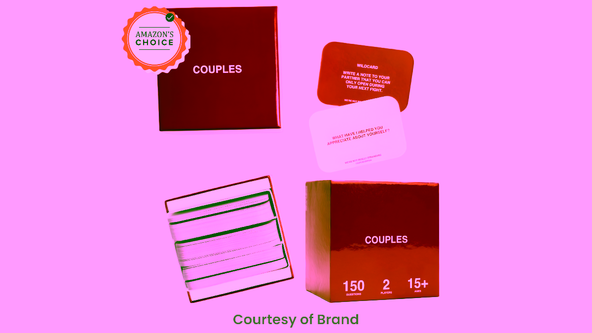 17 Introvert-Friendly Date Ideas for Teens (Low-Key & Fun) 1 A red card game box labeled "Couples" with Amazon's Choice badge, displaying sample conversation cards including a wildcard prompt and self-reflection question, alongside an open box showing stacked question cards with 150 questions for 2+ players.
