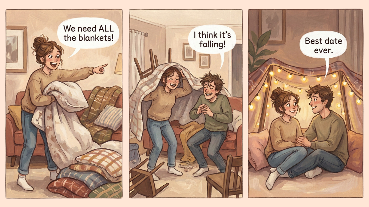 A three-panel comic showing a couple at a paint and sip class: in the first panel, one person confidently announces they're "going for abstract art" while their confused partner holds a palette; in the second panel, they laugh at their blob-like creation; in the final panel, they both proudly display their contrasting paintings—a colorful spiral and a dark splatter, declaring them "perfect."