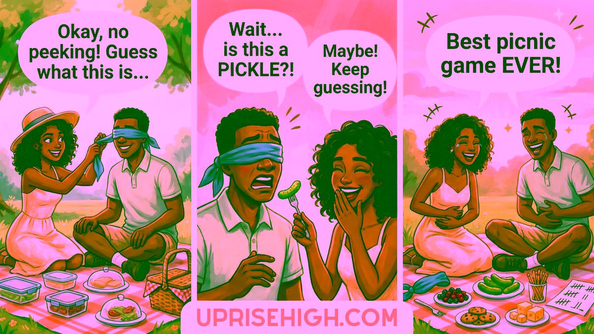 A three-panel comic showing a couple playing a blindfolded taste-testing game at their picnic: in the first panel, one person blindfolds their partner saying "Okay, no peeking! Guess what this is..."; in the second, the blindfolded person holds a pickle on a fork exclaiming "Wait... is this a PICKLE?!" while their partner encourages "Maybe! Keep guessing!"; in the third, they both laugh together declaring "Best picnic game EVER!" surrounded by their picnic spread.