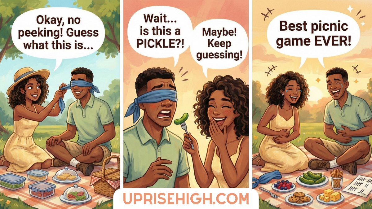A three-panel comic showing a couple playing a blindfolded taste-testing game at their picnic: in the first panel, one person blindfolds their partner saying "Okay, no peeking! Guess what this is..."; in the second, the blindfolded person holds a pickle on a fork exclaiming "Wait... is this a PICKLE?!" while their partner encourages "Maybe! Keep guessing!"; in the third, they both laugh together declaring "Best picnic game EVER!" surrounded by their picnic spread.