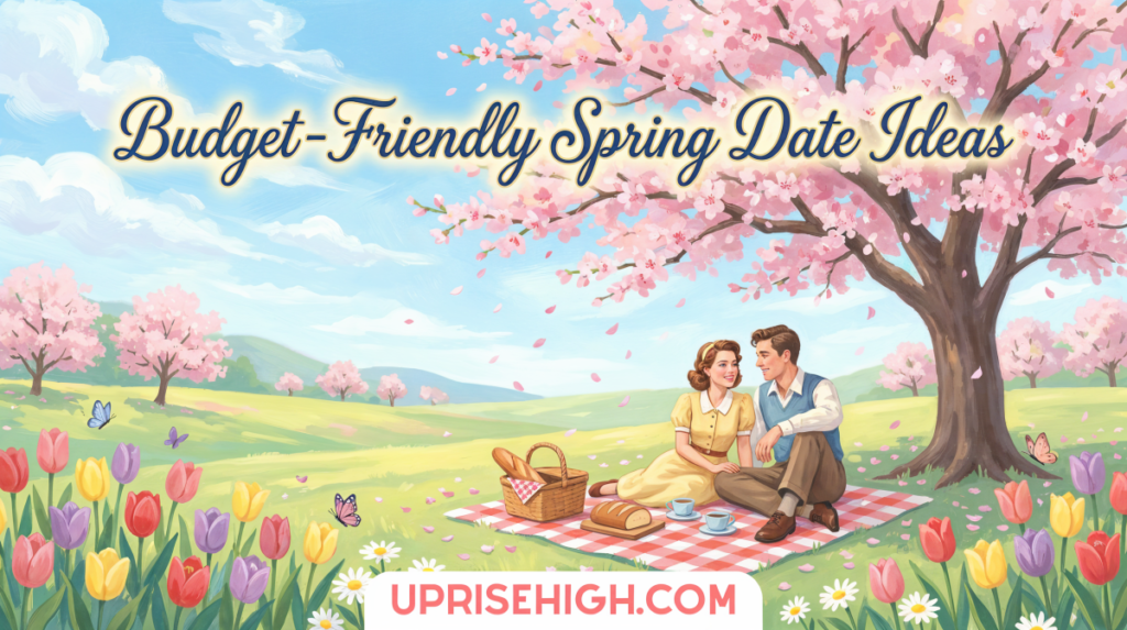 A vintage-style illustration of a couple enjoying a spring picnic under blooming cherry blossom trees, sitting on a checkered blanket in a meadow filled with colorful tulips, daisies, and butterflies, with rolling hills and pink blossoms in the background under a blue sky with white clouds.