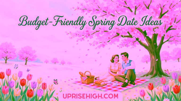 20 Fun & Cheap Spring Date Ideas You'll Want to Try ASAP 6 A vintage-style illustration of a couple enjoying a spring picnic under blooming cherry blossom trees, sitting on a checkered blanket in a meadow filled with colorful tulips, daisies, and butterflies, with rolling hills and pink blossoms in the background under a blue sky with white clouds.