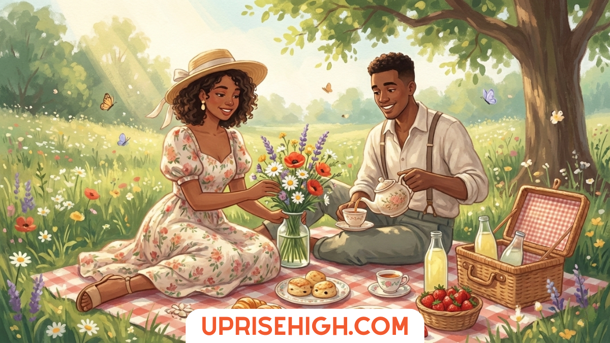 A romantic vintage-style illustration of a couple enjoying a spring picnic in a sunlit wildflower meadow: a woman in a floral dress and straw hat arranging fresh-picked flowers in a vase while a man in suspenders pours tea on a checkered blanket, surrounded by scones, strawberries, and butterflies under a large tree.