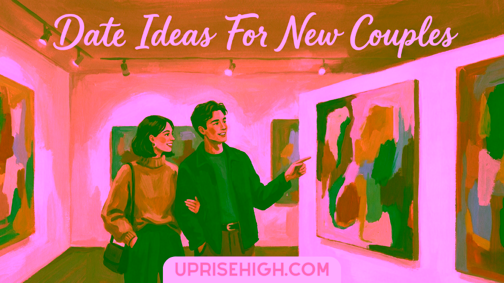 A couple walking arm-in-arm through an art gallery, admiring colorful abstract paintings on white walls under track lighting, with one person pointing at artwork while discussing it together.