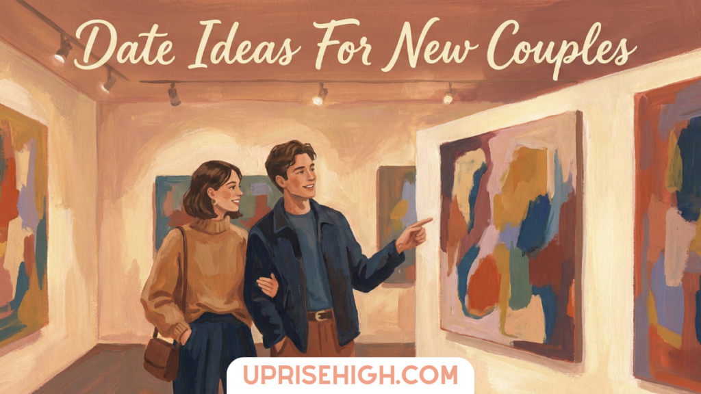 A couple walking arm-in-arm through an art gallery, admiring colorful abstract paintings on white walls under track lighting, with one person pointing at artwork while discussing it together.