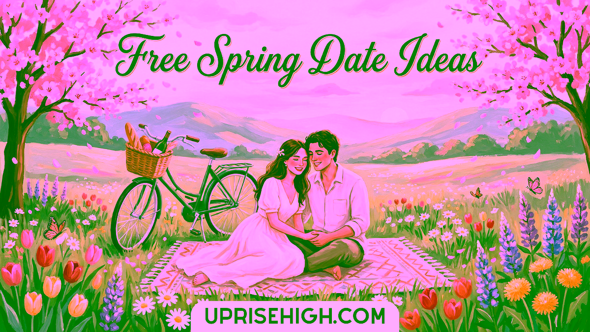 A romantic vintage-style illustration showing a couple having a picnic on a blanket in a spring meadow filled with colorful wildflowers (tulips, daisies, lupines), with a bicycle carrying a picnic basket nearby, framed by cherry blossom trees with falling petals, rolling green hills, and butterflies under a sunset sky.