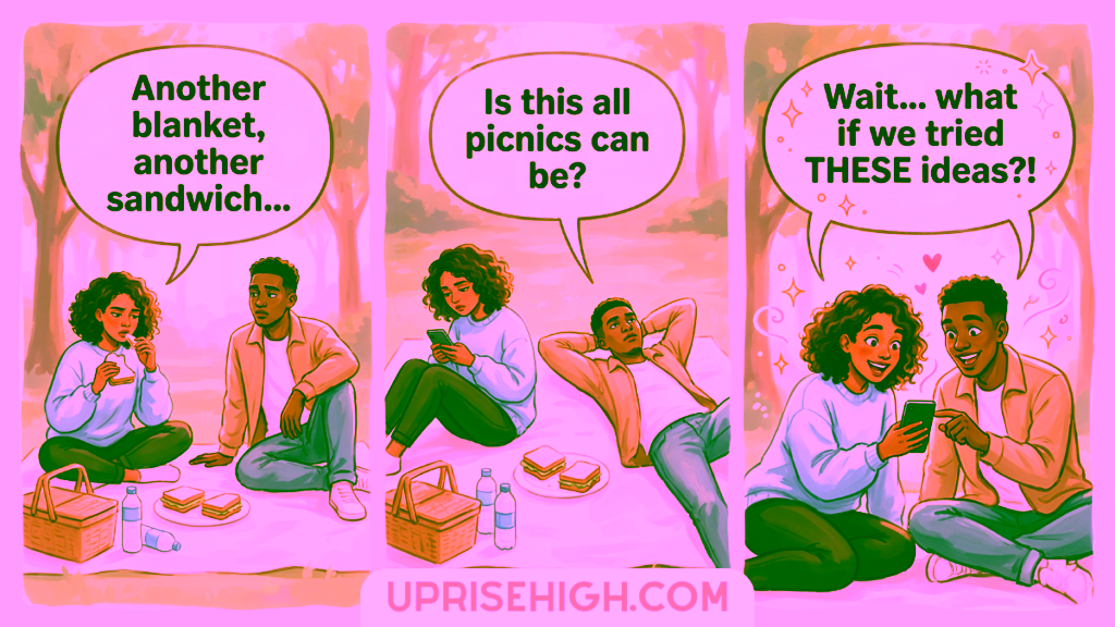 17 Picnic Date Ideas That'll Make Them Say "Best Date Ever" 6 A three-panel comic showing a couple's picnic date evolution: in the first panel, one person eats a sandwich while commenting "Another blanket, another sandwich"; in the second, they're lying on the blanket questioning "Is this all picnics can be?"; in the third, they excitedly look at a phone together saying "Wait... what if we tried THESE ideas?!" with sparkles around them, discovering new possibilities for their dates.