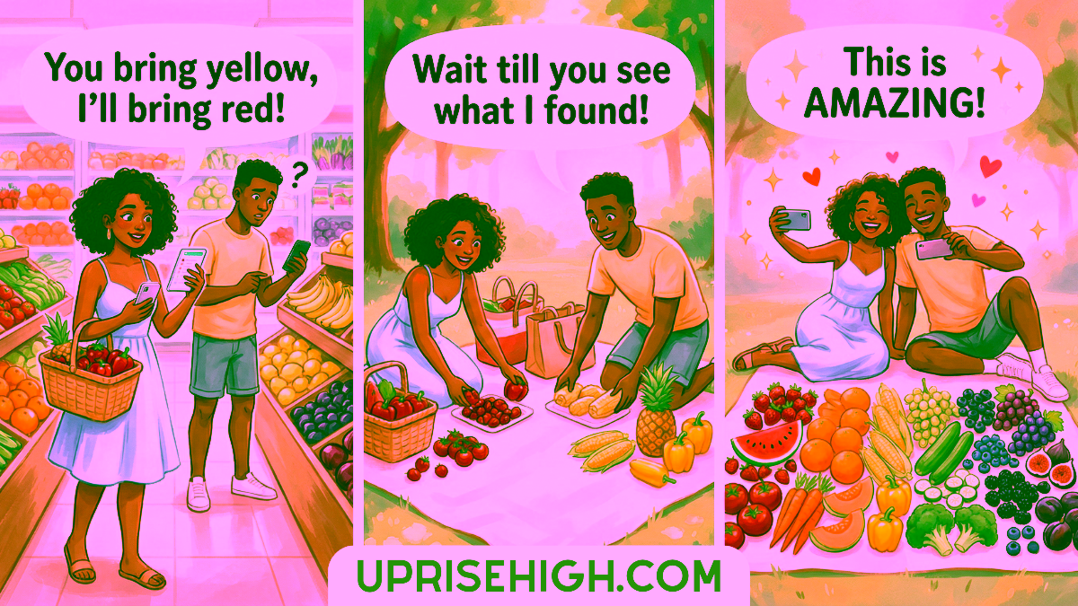 A three-panel comic showing a couple's farmers market date and rainbow picnic: first shopping together in a produce market coordinating colors ("You bring yellow, I'll bring red!"), then arranging their colorful fruit finds on a picnic blanket in a park, and finally taking a selfie with their impressive rainbow-arranged spread of fresh produce including strawberries, oranges, bananas, grapes, and various colorful vegetables.