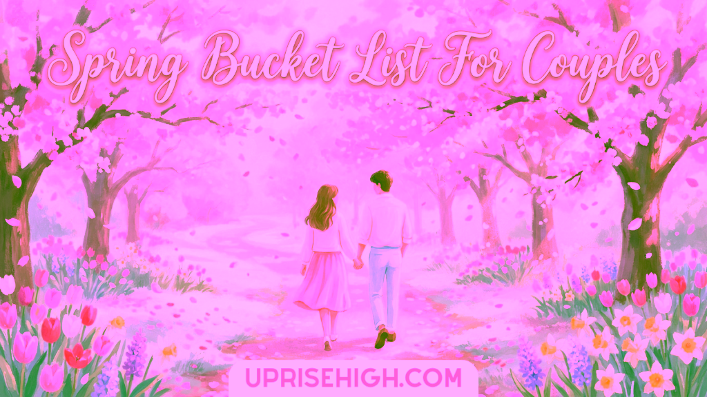21 Spring Bucket List Ideas For Couples (Romantic & Fun) 9 A soft watercolor illustration of a couple holding hands while walking down a path through a dreamy cherry blossom grove in full bloom, surrounded by colorful spring flowers including tulips, daffodils, and lavender, with pink petals gently falling around them under a pastel sky.